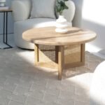 Vandana Astra Cresta Rattan-Leg Wooden Round Coffee Table for Modern Living Room Décor
