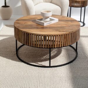 Vandana Astra Sereno Wood Round Coffee Table with Black Metal Base for Modern Interiors