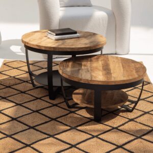 Vandana Astra Aston Round Industrial Wooden Nesting Coffee Table Set for Modern Homes