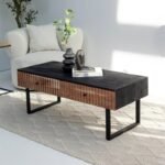 Vandana Zenova Altis 2-Drawer Slat Coffee Table with Black Top for Modern Living Room Décor