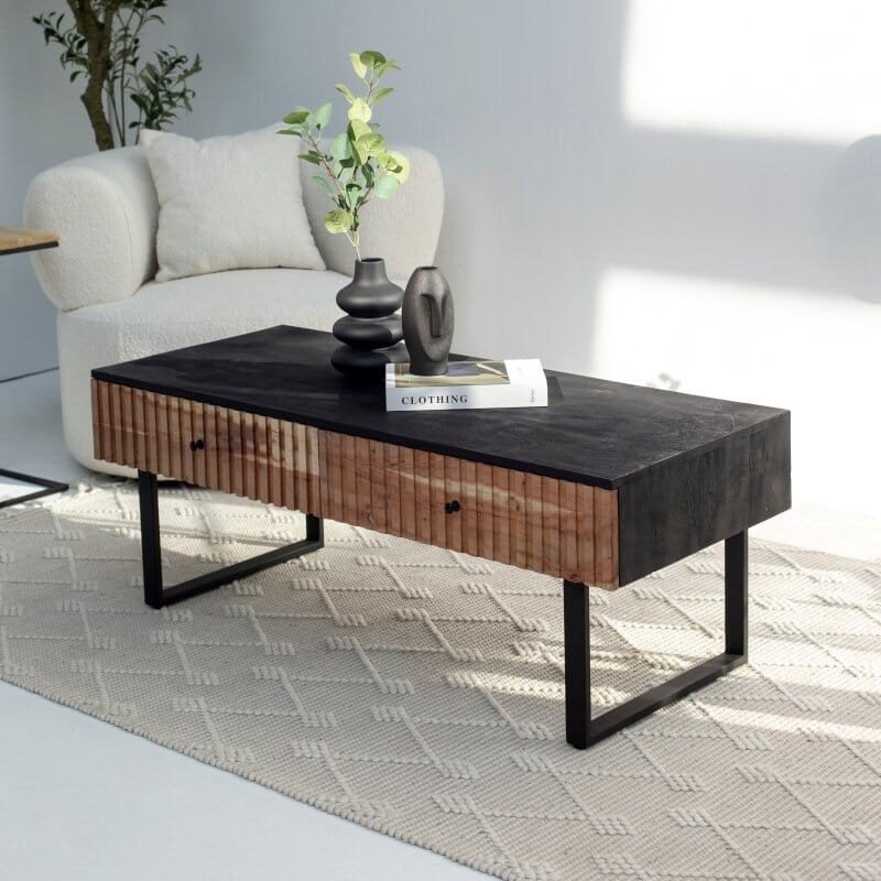 Vandana Zenova Altis 2-Drawer Slat Coffee Table with Black Top for Modern Living Room Décor Vandana Zenova Altis 2-Drawer Slat Coffee Table with Black Top for Modern Living Room Décor