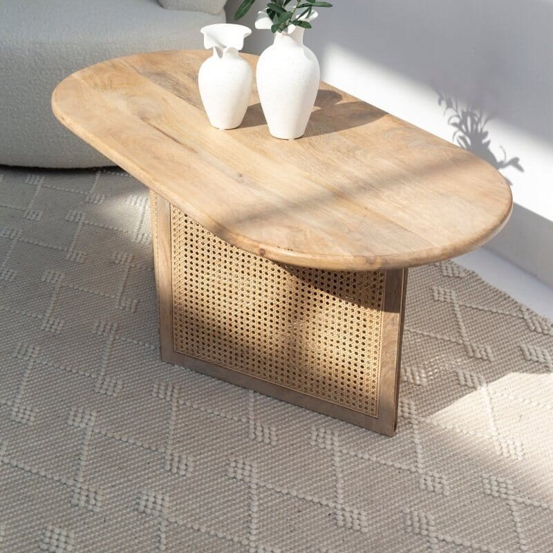 Vandana Zenova Elara Rattan-Base Oval Wood Coffee Table for Modern Living Room Décor Vandana Zenova Elara Rattan-Base Oval Wood Coffee Table for Modern Living Room Décor