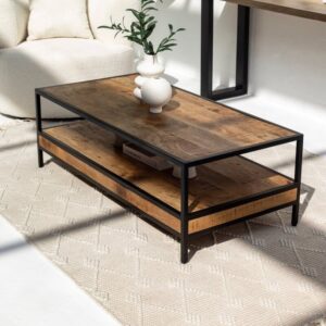 Vandana Zenova Maxima Wooden Two-Shelf Rectangular Coffee Table for Modern Living Room Décor