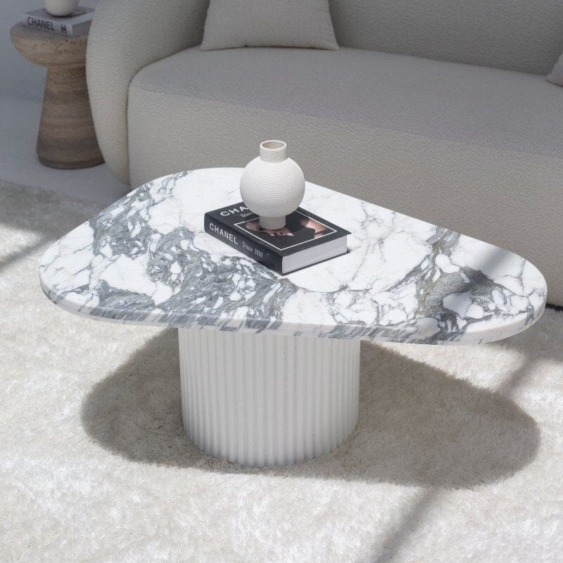 Vandana Zenova Zentrix Arabescato Marble Triangle Coffee Table with 3 Base Color Options Vandana Zenova Zentrix Arabescato Marble Triangle Coffee Table with 3 Base Color Options