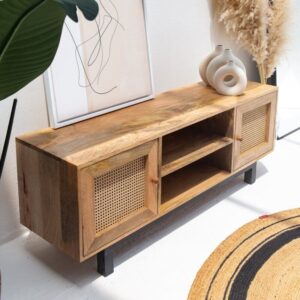 Vandana Novara Vertex Rattan Doors TV Unit Modern Natural Woven Entertainment Console Design