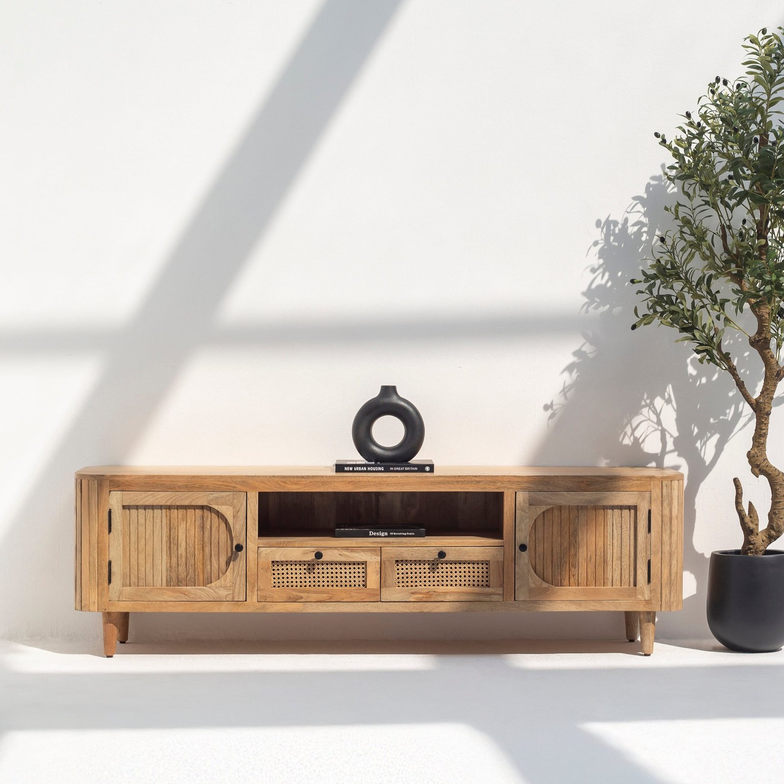 Vandana Novara Sereno Wooden TV Unit Modern Solid Wood Minimalist Entertainment Console Design Vandana Novara Sereno Wooden TV Unit Modern Solid Wood Minimalist Entertainment Console Design