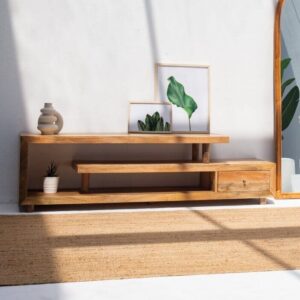 Vandana Novara Hexa 3-Shelves Wooden TV Unit Modern Solid Wood Minimalist Entertainment Console