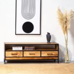 Vandana Altis Novara 3-Drawer Industrial Media Console Modern Metal & Wood Entertainment Unit