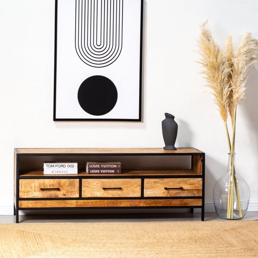 Vandana Altis Novara 3-Drawer Industrial Media Console Modern Metal & Wood Entertainment Unit Vandana Altis Novara 3-Drawer Industrial Media Console Modern Metal & Wood Entertainment Unit