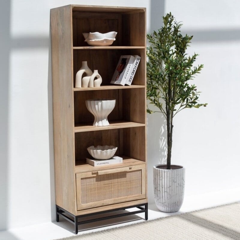 Vandana Altis Grand Rattan Mango Wood Bookcase Shelves with Black Base Modern Storage Design