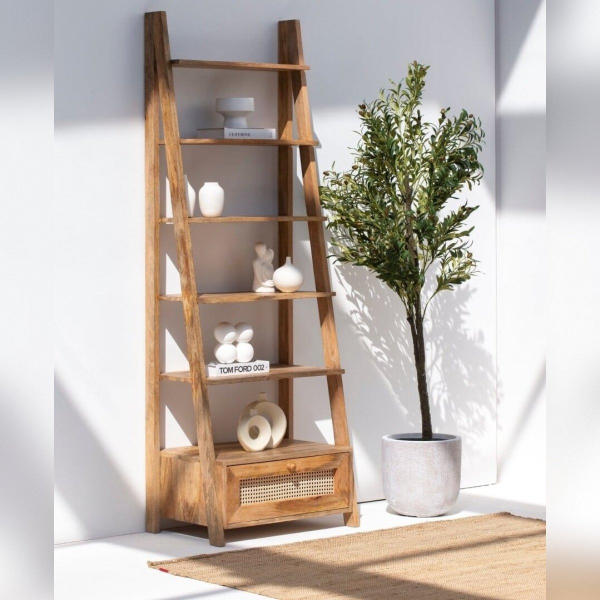 Vandana Merino Nimbus Wooden Bookcase with Rattan Drawer Modern Natural Storage Furniture Vandana Merino Nimbus Wooden Bookcase with Rattan Drawer Modern Natural Storage Furniture
