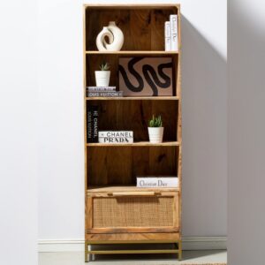 Vandana Merino Sereno Rattan Mango Wood Bookcase Shelves with Gold Base Modern Storage Design