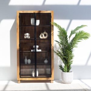 Vandana Merino Grand Industrial Wooden Display Cabinet with Black Metal Doors Modern Storage Design