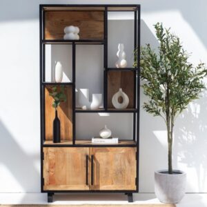 Vandana Merino Vento Industrial Display Mango Wood Cabinet with Shelves Modern Storage Design