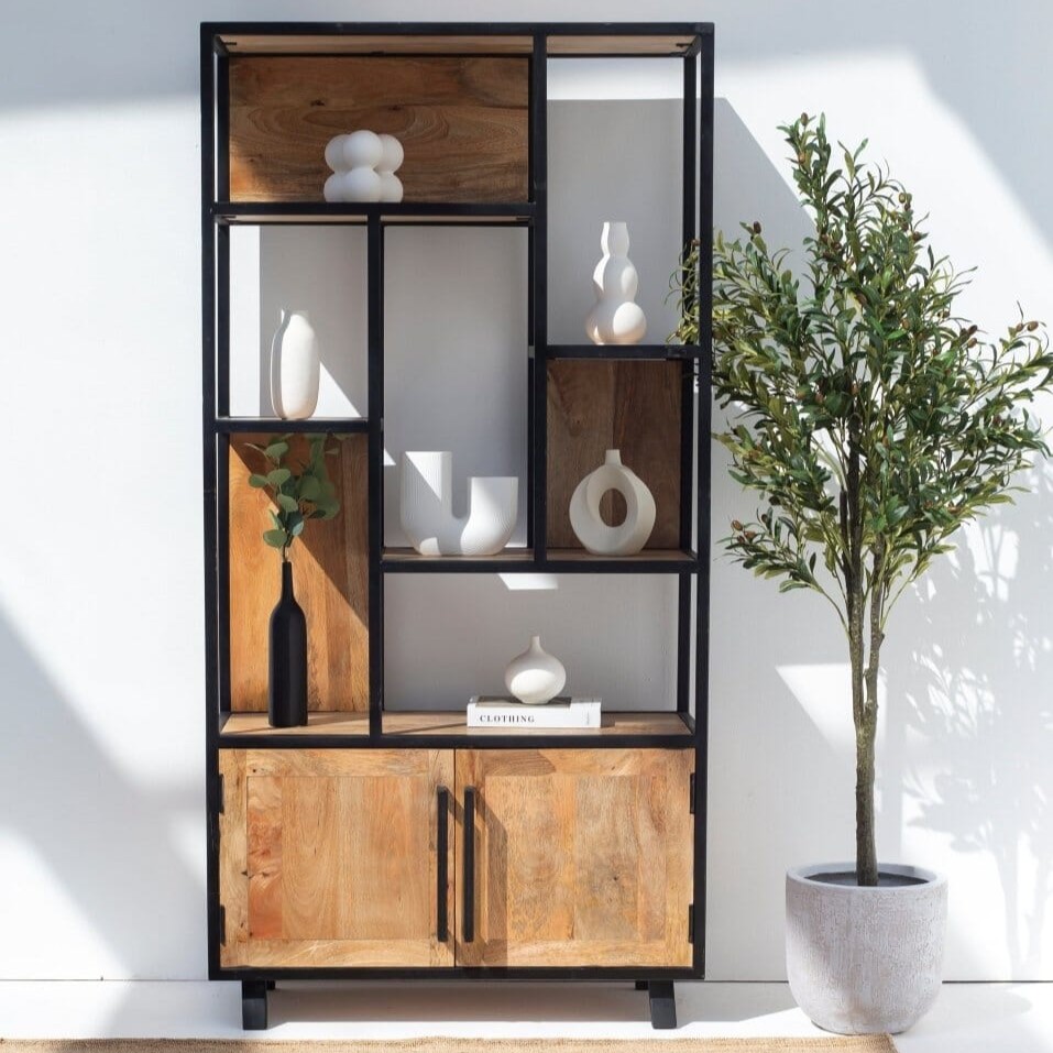 1Vandana Merino Vento Industrial Display Mango Wood Cabinet with Shelves Modern Storage Design Vandana Merino Vento Industrial Display Mango Wood Cabinet with Shelves Modern Storage Design