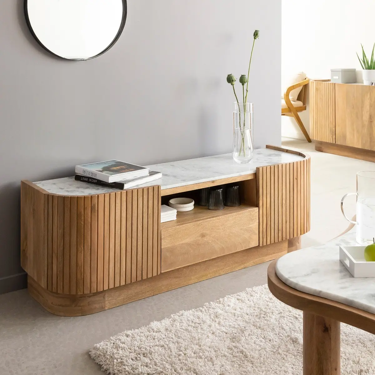 Vandana Vertex Neo TV stand in mango wood and marble Vandana Vertex Neo TV stand in mango wood and marble