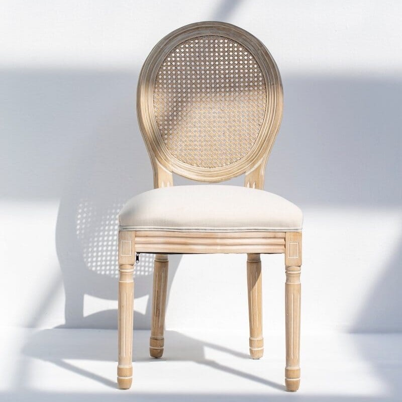 Vandana Zentrix Flux Wood Dining Chair with Rattan Backrest & Off White Seating, Modern Design Vandana Zentrix Flux Wood Dining Chair with Rattan Backrest & Off White Seating, Modern Design