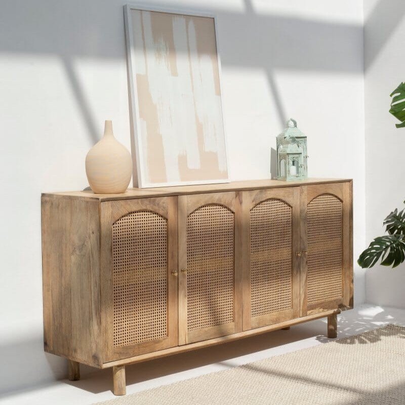 Vandana Arista Hexa Four Doors Rattan Buffet with Arch Doors Design for Modern Home Interiors Vandana Arista Hexa Four Doors Rattan Buffet with Arch Doors Design for Modern Home Interiors
