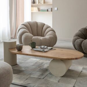 Vandana Nimbus Solace oval coffee table in concrete-effect wood and acacia wood