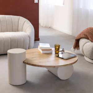 Vandana Nimbus Elara round coffee table in concrete-effect wood and acacia wood