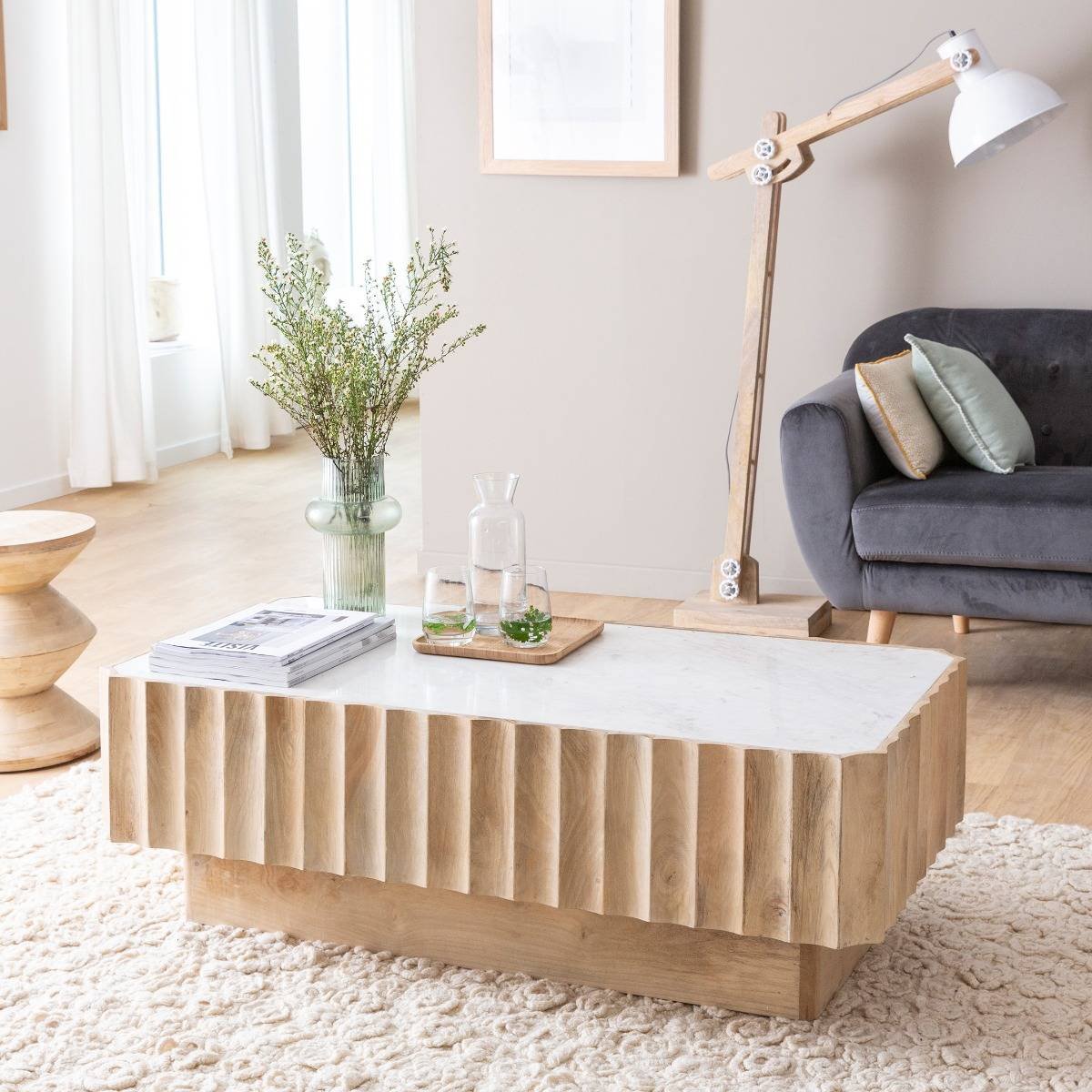 Vandana Aston Falcon rectangular coffee table in mango wood and white marble Vandana Aston Falcon rectangular coffee table in mango wood and white marble