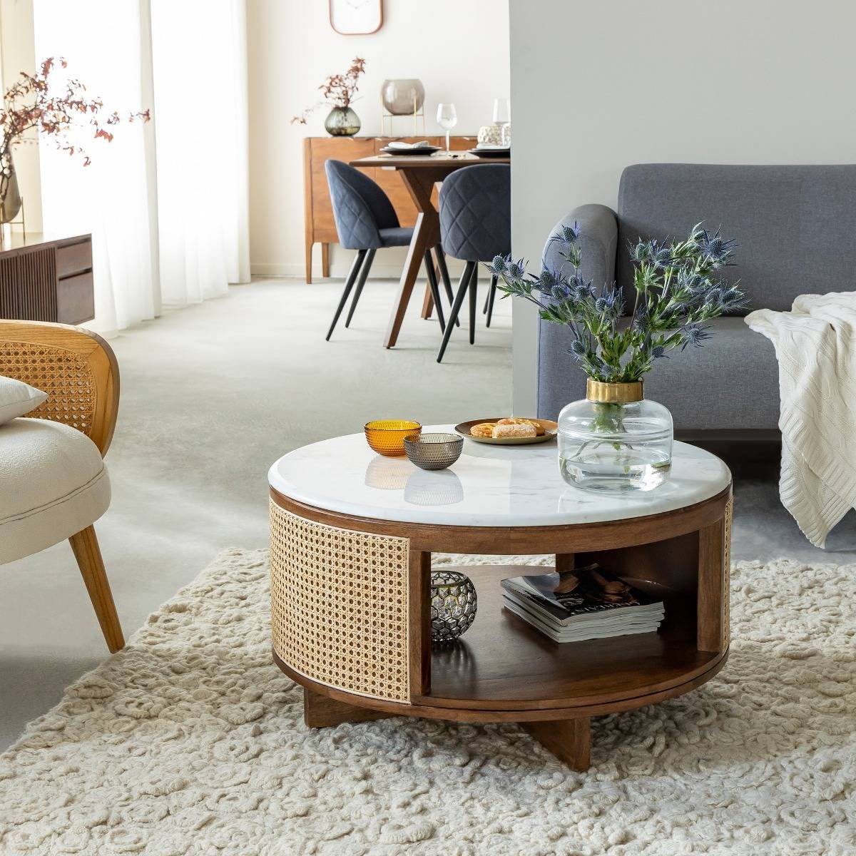 Vandana Aston Nimbus coffee table in mango wood, caning and marble Vandana Aston Nimbus coffee table in mango wood, caning and marble