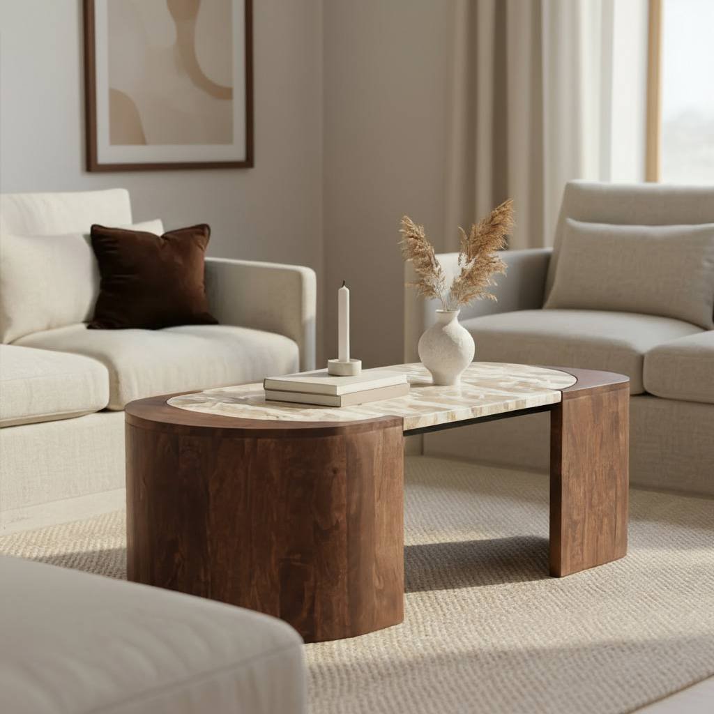 Vandana Elara Zentrix oval coffee table in mango wood and marble Vandana Elara Zentrix oval coffee table in mango wood and marble