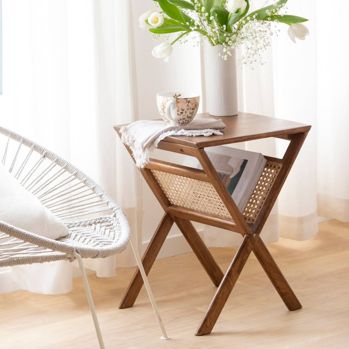 Vandana Lyra Nimbus mango wood and cane magazine rack Vandana Lyra Nimbus mango wood and cane magazine rack