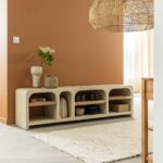 Vandana Cresta Lunaris TV unit with shelves in concrete-effect wood and recycled wood, Dalva