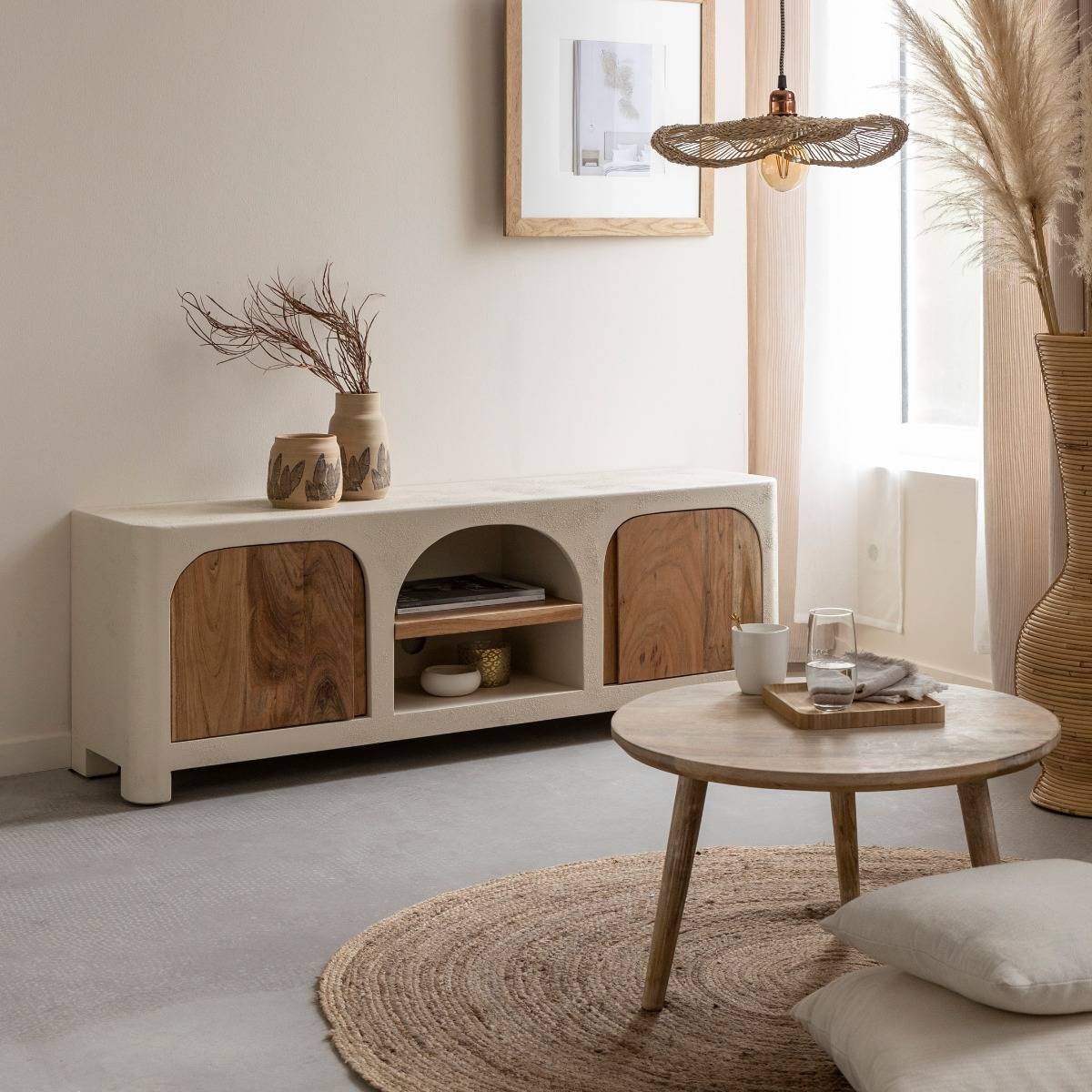 Vandana Cresta Vesta TV stand in concrete-effect wood and acacia wood Vandana Cresta Vesta TV stand in concrete-effect wood and acacia wood