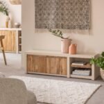 Vandana Mira Stellar TV stand with 2 doors and 1 shelf in concrete-effect wood and recycled wood
