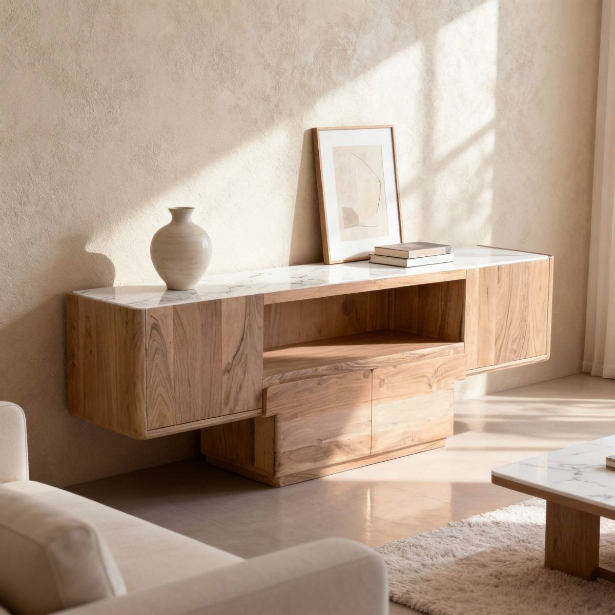 Vandana Mira Terra TV stand in acacia wood and marble Vandana Mira Terra TV stand in acacia wood and marble