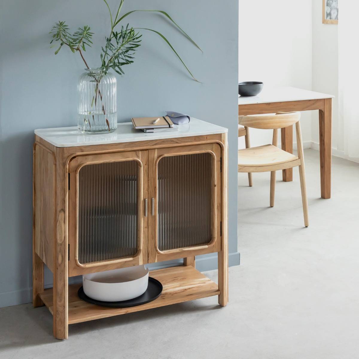 Vandana Stellar Vesta glass-fronted sideboard in acacia wood and marble Vandana Stellar Vesta glass-fronted sideboard in acacia wood and marble