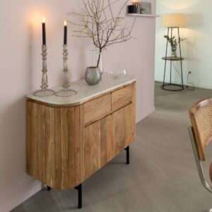 Vandana Radiant Pebble acacia wood and white marble sideboard