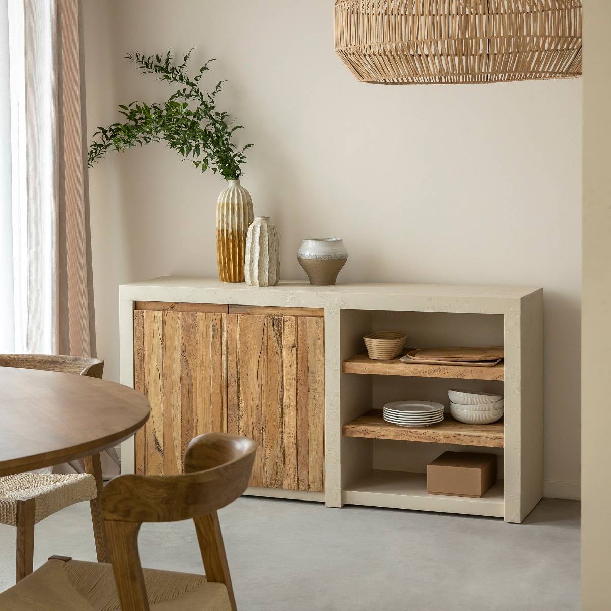 Vandana Prime Lyra 2-door sideboard with shelves in concrete-effect wood and recycled wood Vandana Prime Lyra 2-door sideboard with shelves in concrete-effect wood and recycled wood