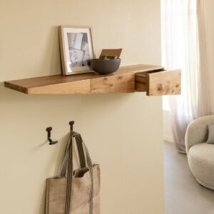 Item No: KUN02 Material: Solid Acacia Wood Dimensions: H 20 × W 121 × D 25 cm Description: Contemporary asymmetrical wall shelf with two drawers, offering stylish storage while keeping floor space free.