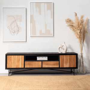 Vandana Novara Sierra Two Doors with Four Drawers Slat TV Unit Modern Solid Wood Entertainment Console