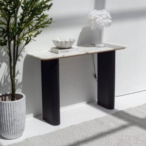 Vandana Lunaris Merino Marble-Top Console Table with Black Wood Legs Modern Luxury Accent Design