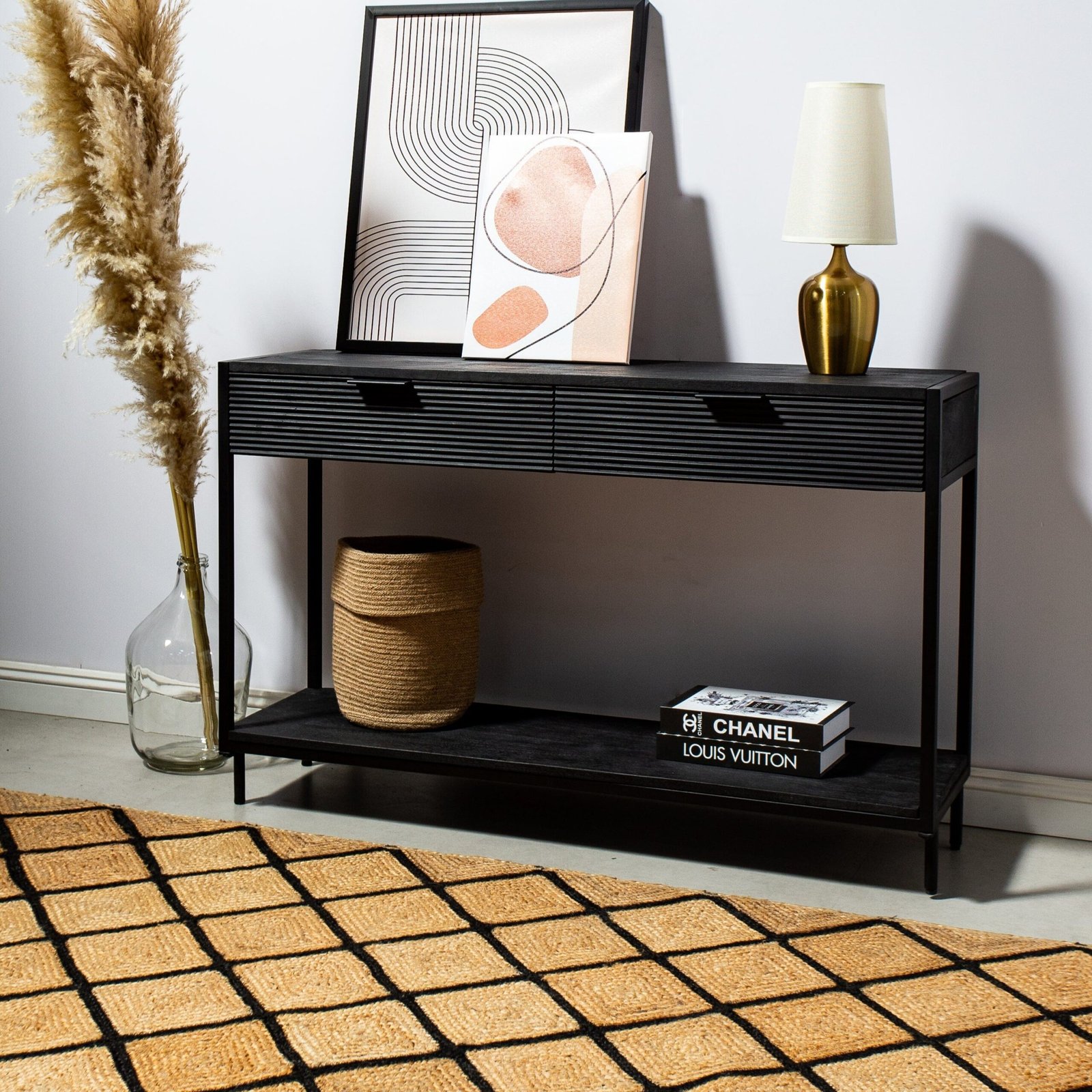 Vandana Lunaris Aureo Black Two-Drawer Wooden Console Modern Solid Wood Accent Design Vandana Lunaris Aureo Black Two-Drawer Wooden Console Modern Solid Wood Accent Design