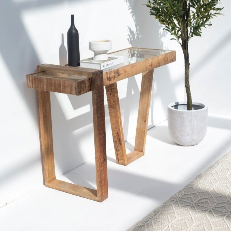 Vandana Lunaris Solace Wooden Console Table with Glass Top Modern Solid Wood Accent Design Vandana Lunaris Solace Wooden Console Table with Glass Top Modern Solid Wood Accent Design