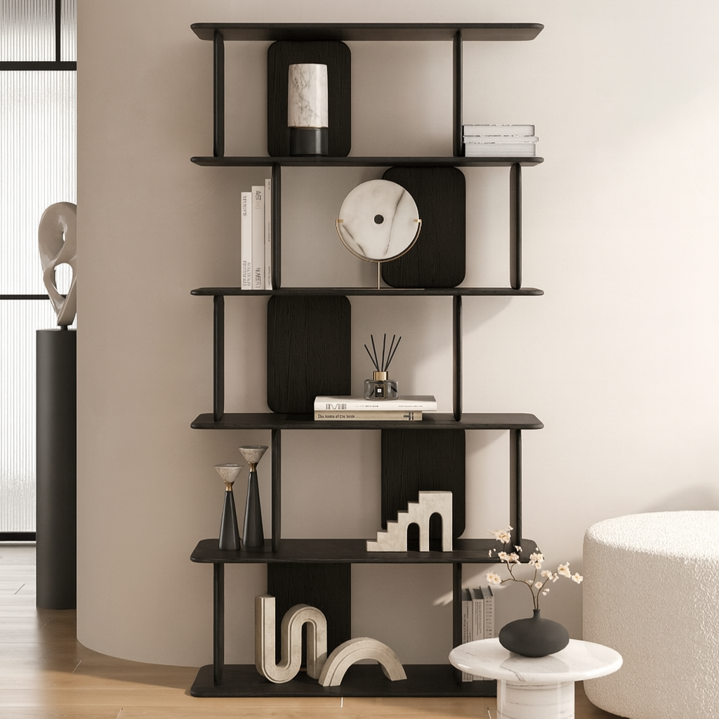 Vandana Altis Arista Ashen Black Wooden Bookcase Modern Solid Wood Storage Furniture Design