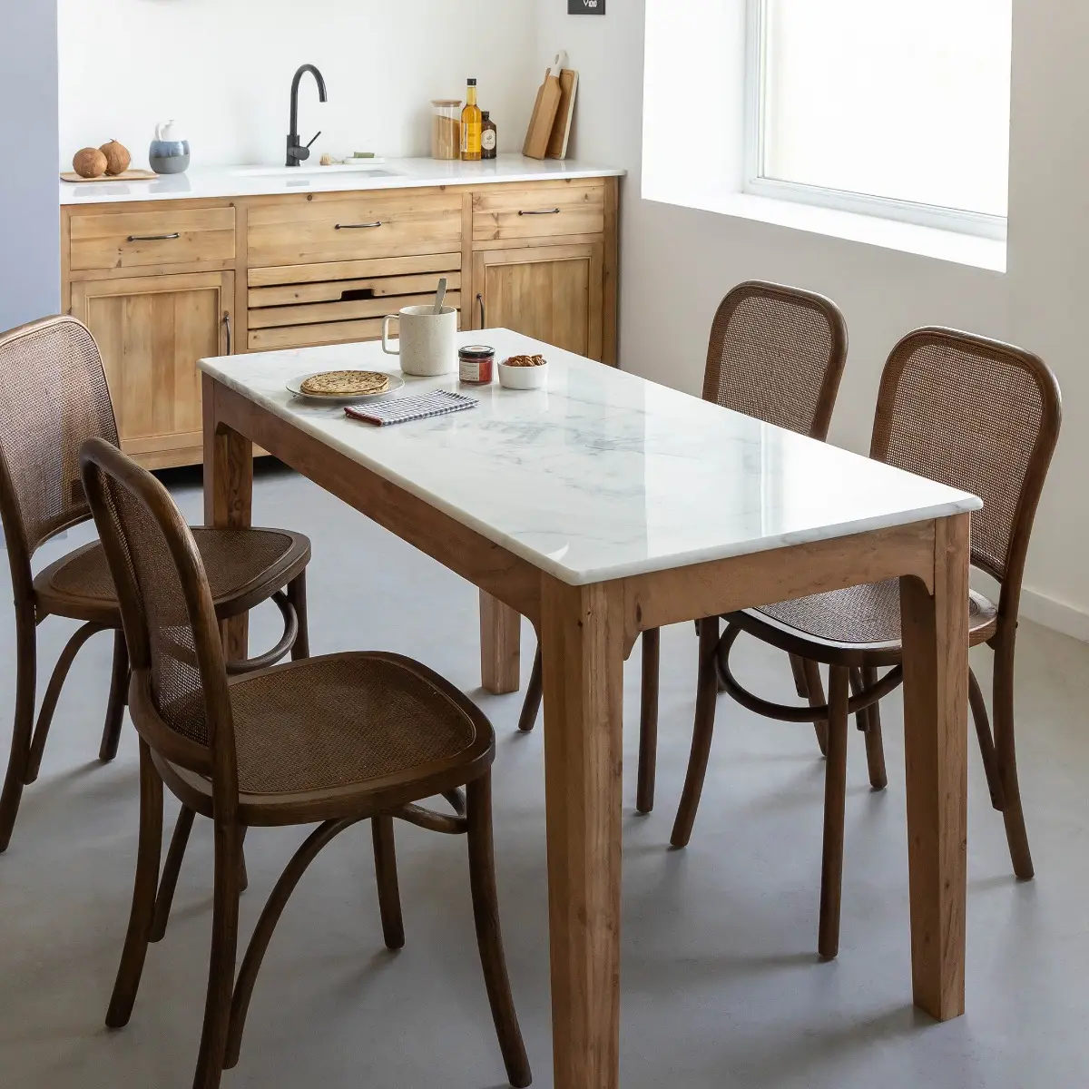 Vandana Solace Ultra mango wood and marble dining table Vandana Solace Ultra mango wood and marble dining table