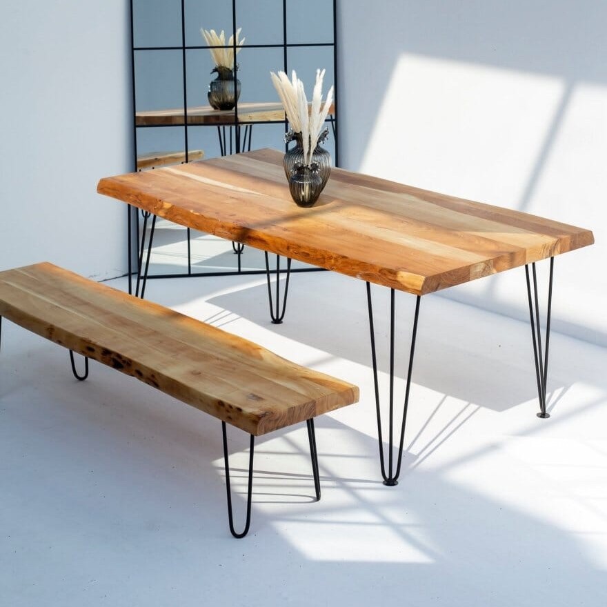 Vandana Aureo Cresta Acacia Wood Dining Table with Solid Handmade Contemporary Design Vandana Aureo Cresta Acacia Wood Dining Table with Solid Handmade Contemporary Design