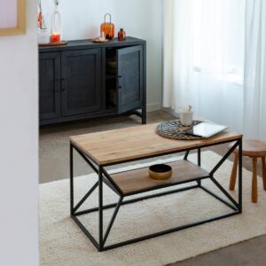 acacia wood coffee table, industrial coffee table, double tier coffee table, wooden coffee table with shelf, Vandana Aston Ultra, Flavia coffee table, solid acacia wood coffee table, industrial style coffee table, double shelf coffee table, wood and metal coffee table, export quality coffee table India, modern industrial coffee table, rectangular coffee table with storage, handcrafted acacia wood furniture,