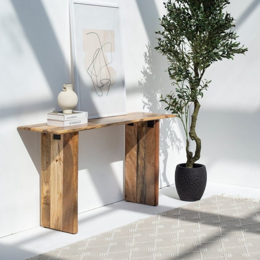 Vandana Sierra Ultra Mango Wood Console with Wooden Legs Modern Solid Wood Accent Design Vandana Sierra Ultra Mango Wood Console with Wooden Legs Modern Solid Wood Accent Design