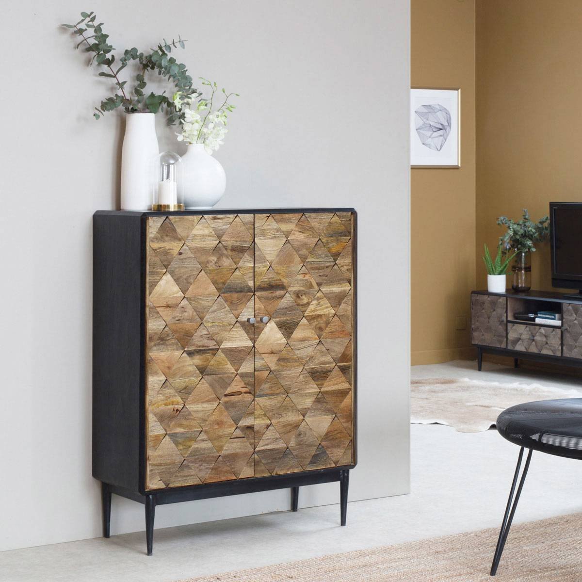 Vandana Radiant Merino tall sideboard in metal and mango wood Vandana Radiant Merino tall sideboard in metal and mango wood