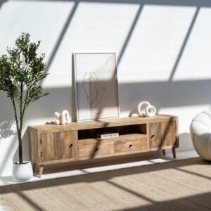 Vandana Lunaris Stellar Wooden Slat Door TV Unit Modern Solid Wood Entertainment Console
