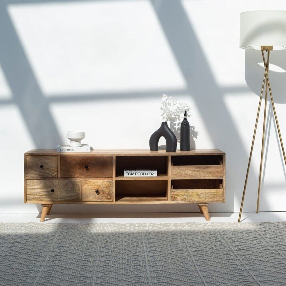 Vandana Altis Zenova Wooden TV Unit Modern Solid Wood Minimalist Entertainment Console Vandana Altis Zenova Wooden TV Unit Modern Solid Wood Minimalist Entertainment Console