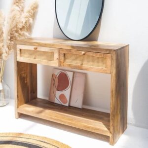Vandana Sierra Flux Rattan 2-Drawer Wooden Console Modern Natural Woven Accent Furniture