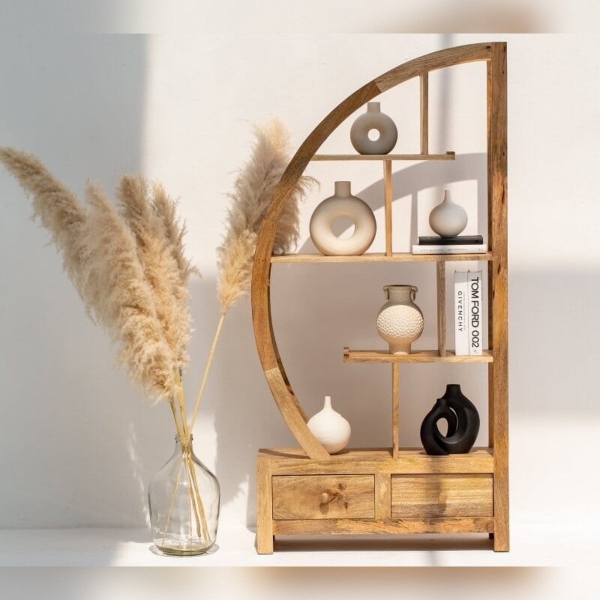 Vandana Altis Vento Half Moon Mango Wood Shelves Unit Modern Solid Wood Display Design Vandana Altis Vento Half Moon Mango Wood Shelves Unit Modern Solid Wood Display Design